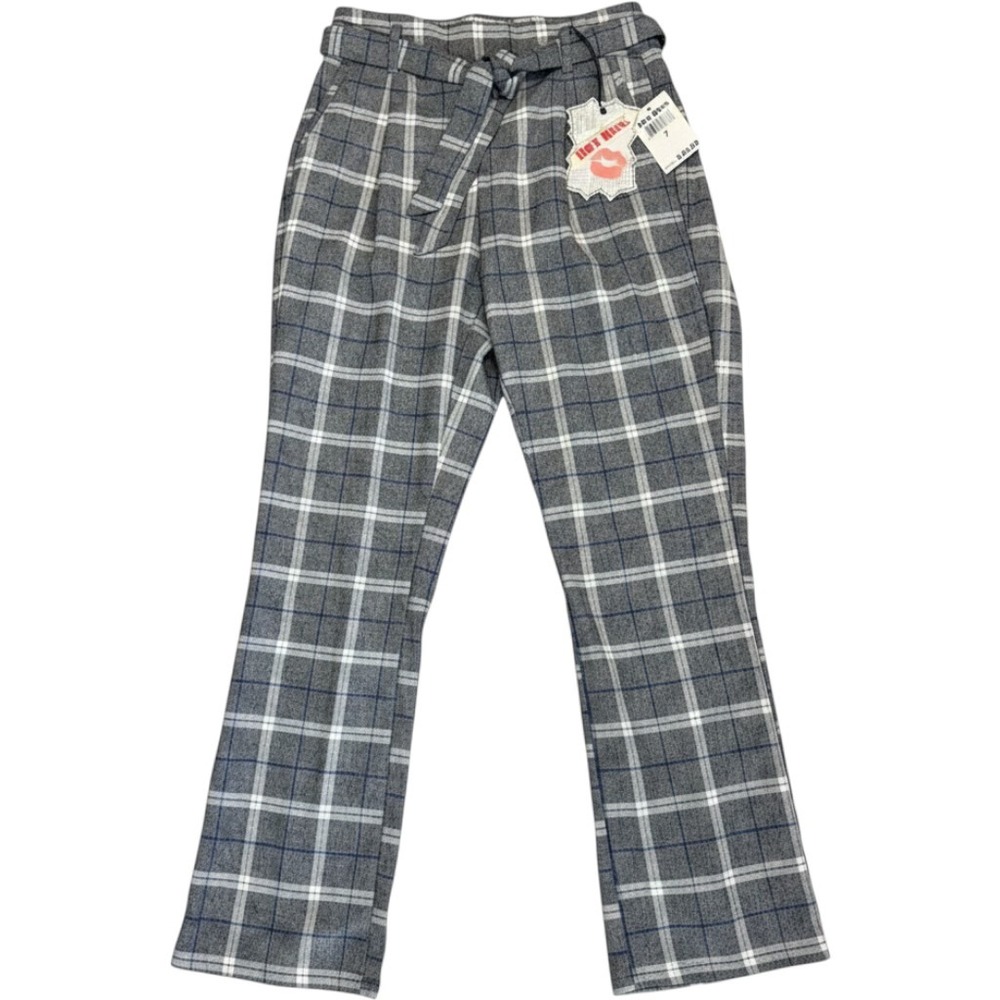 Hot Kiss Plaid Tie Waist Straight Leg Pants Women's Size 7 NWT Gray Blue Preppy